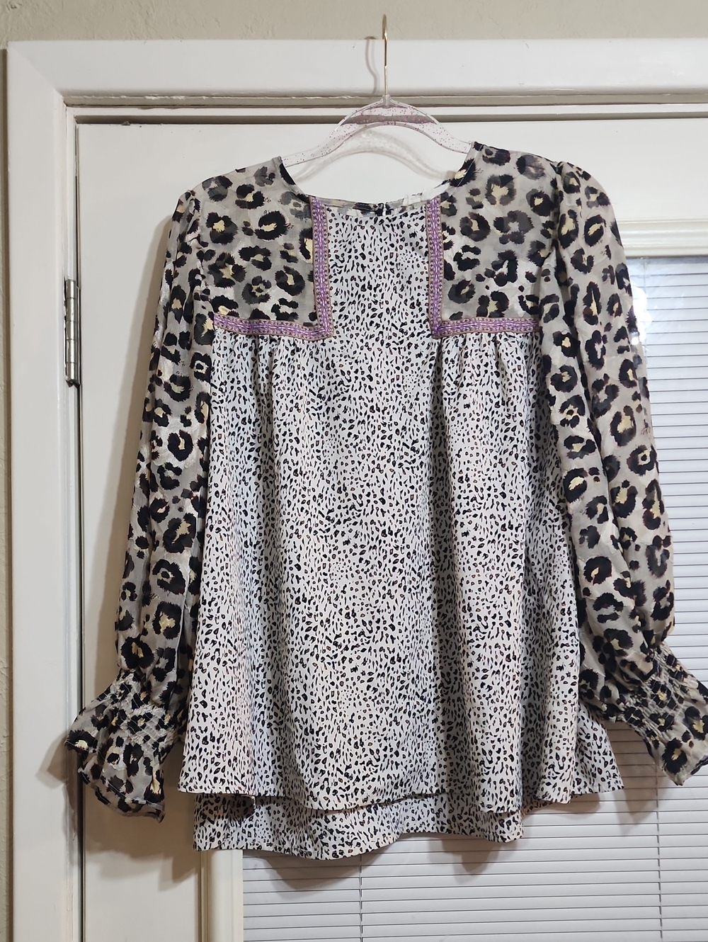 entro Mixed Leopard Print Blouse with Purple Trim